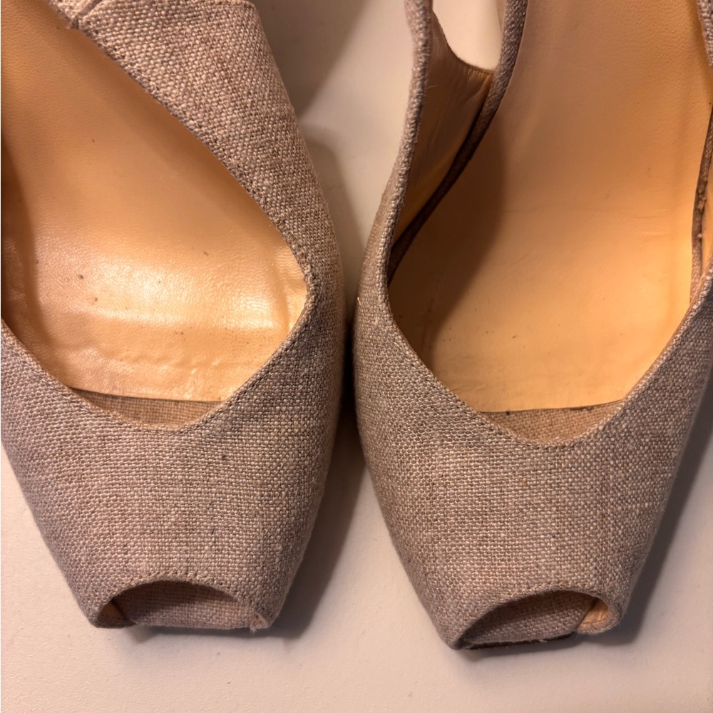 kate spade neutral beige linen peep-toe wedge sandals - Picture 3 of 7